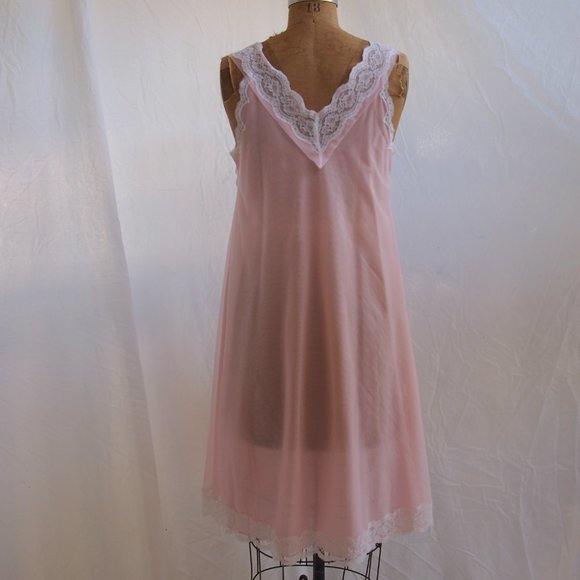vtg 60s KOMA Pink Nylon Chiffon Babydoll Short Empire Chemise Nightgown Lace M - Picture 8 of 11